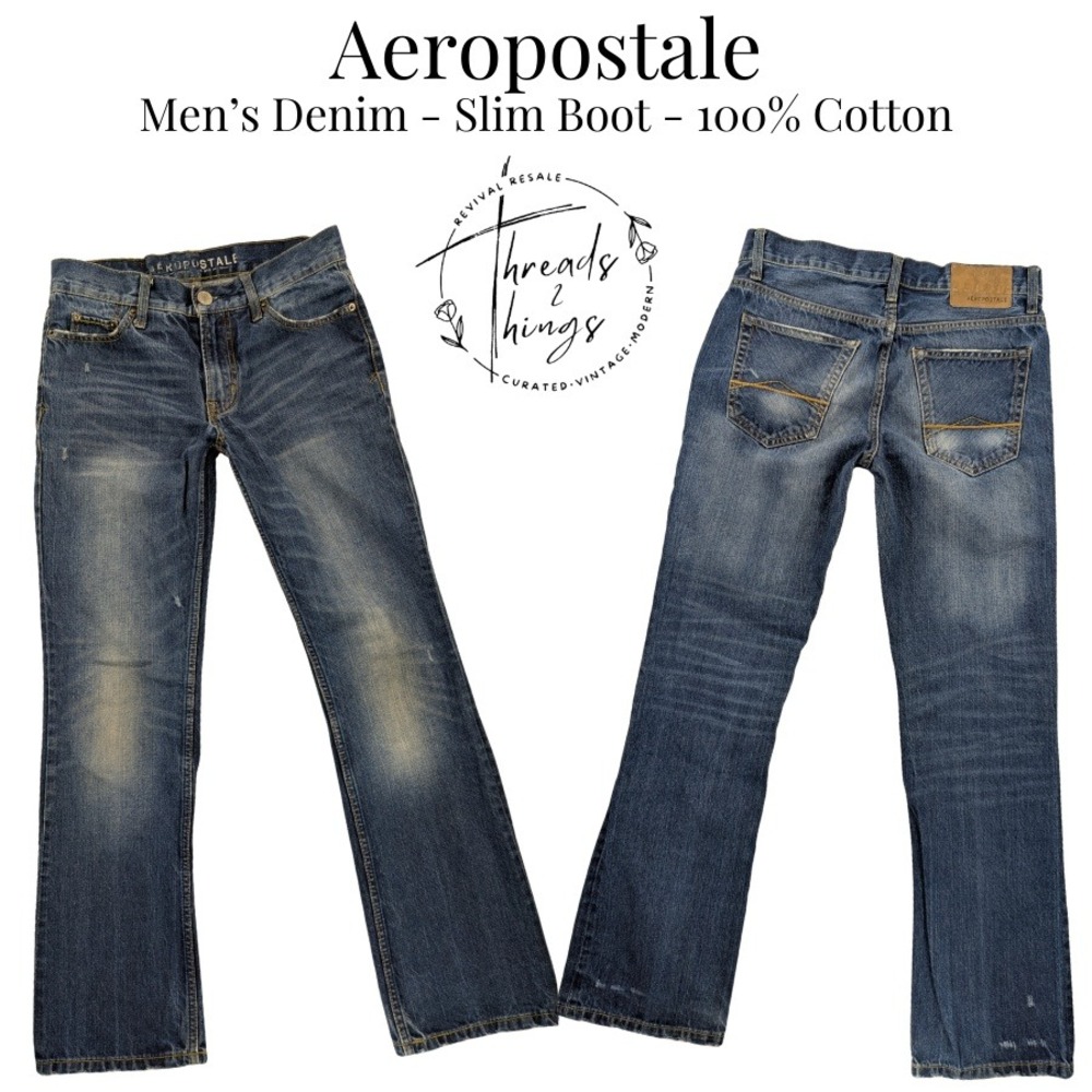 Aeropostale Jeans Mens 28 x 30 Medium‎ Wash Slim Boot 100% Cotton Distressed Y2k